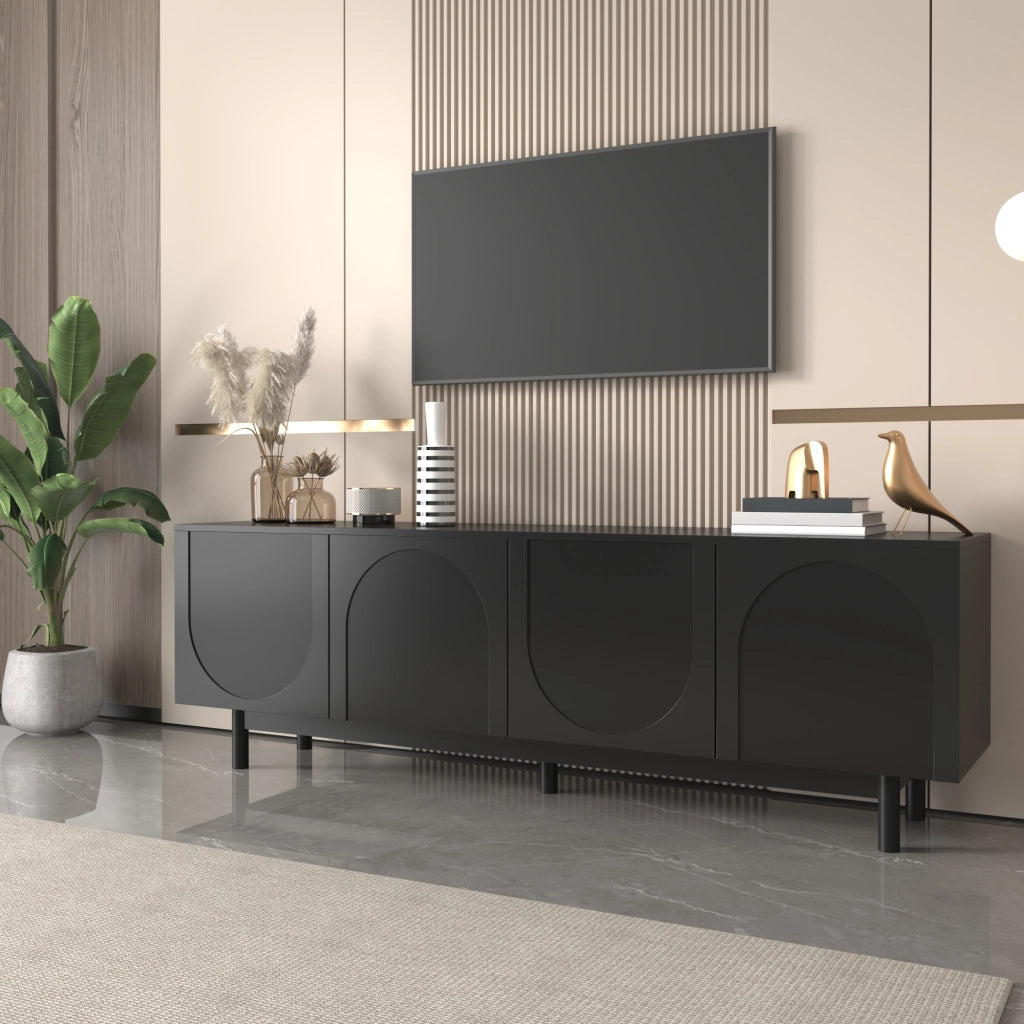 Mobile porta TV 175x38x56 cm; 4 ante push-to-open; MDF e truciolare nero