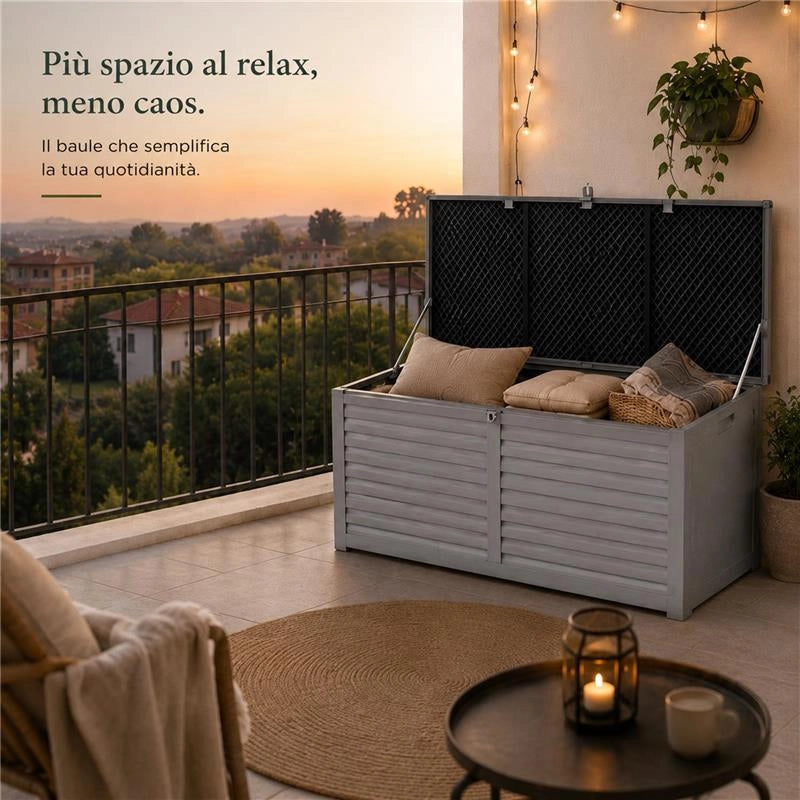 BAULE DA ESTERNO CASSAPANCA BOX CONTENITORE PORTAOGGETTI PER GIARDINO 390 LT