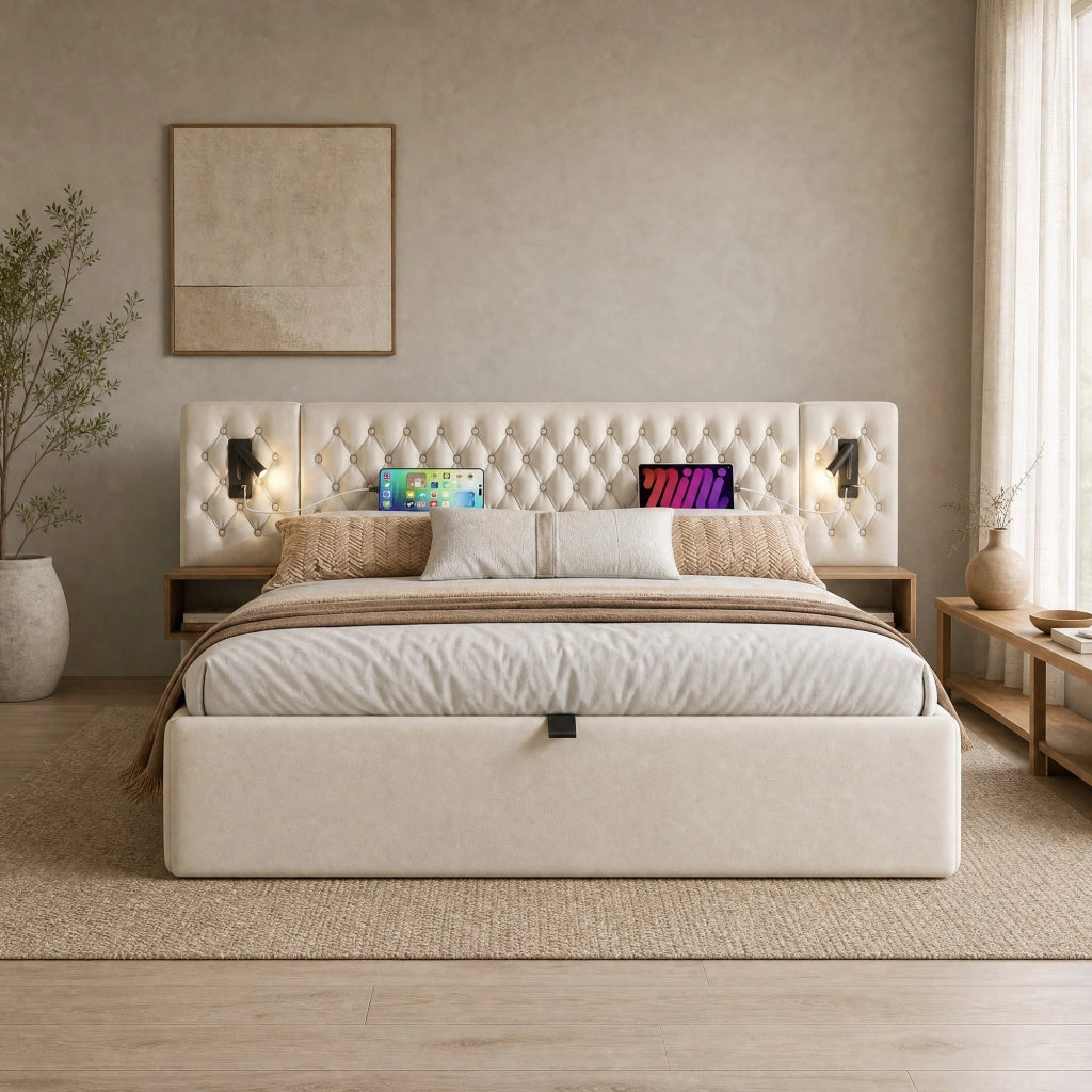 Letto matrimoniale 180x200 in velluto beige con comodini e USB