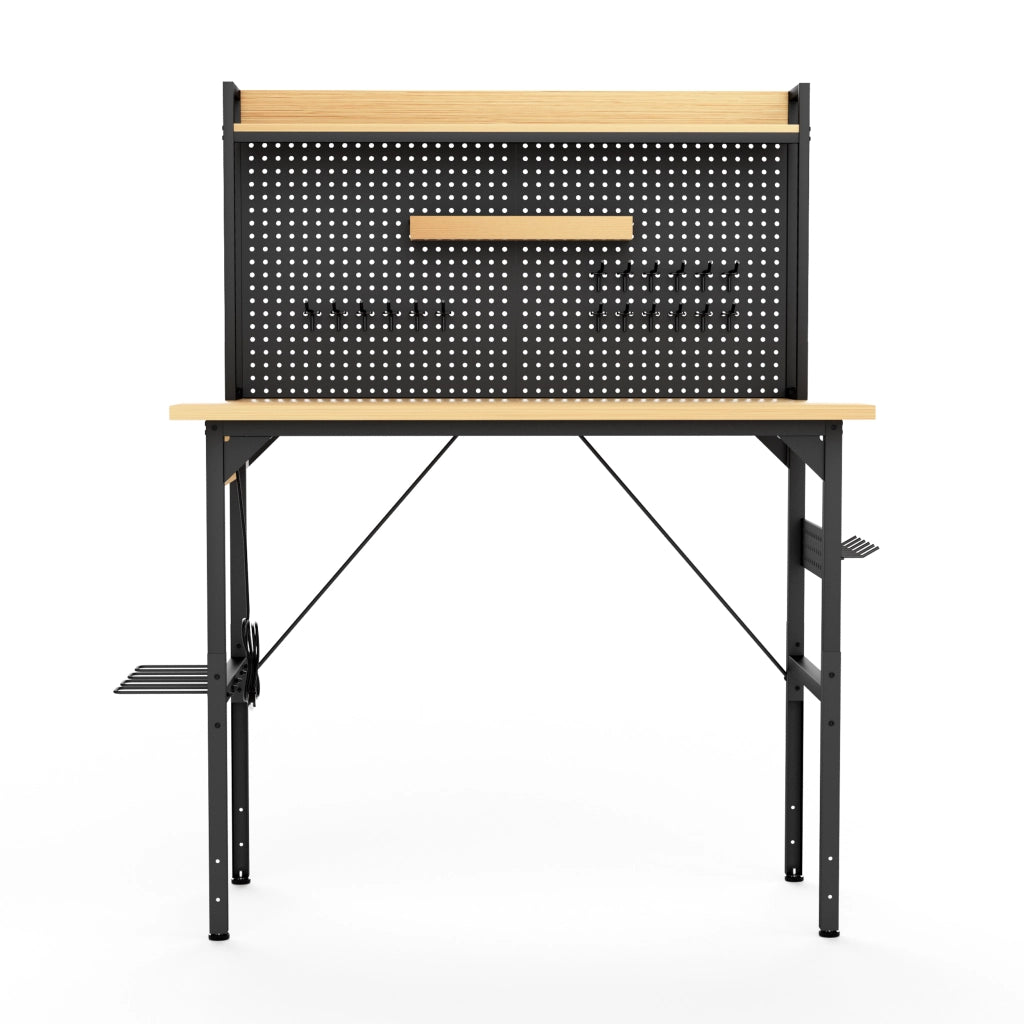 Scrivania lineare regolabile con 18 ganci, prese AC, porta USB e USB-C, per garage e ufficio, nero e naturale