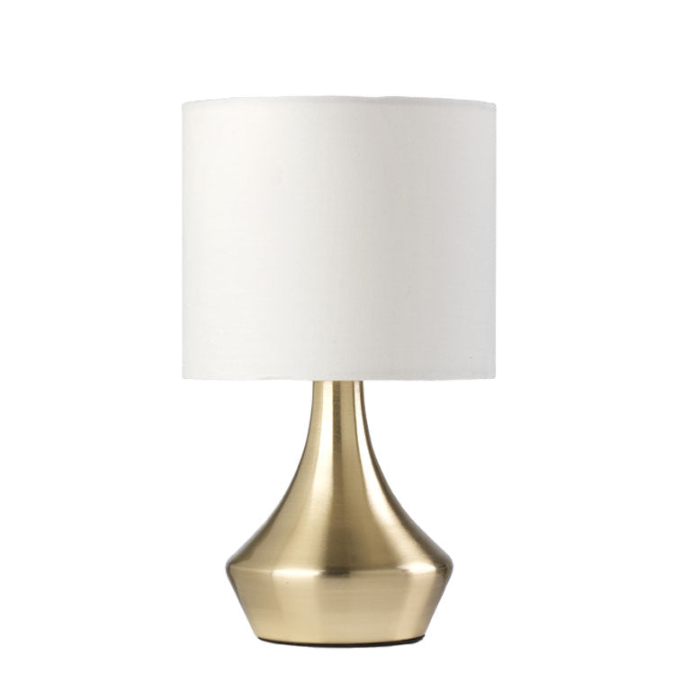 ONLI - Lampada da Tavolo in Metallo Satinato oro e Paralume in Tessuto Bianco