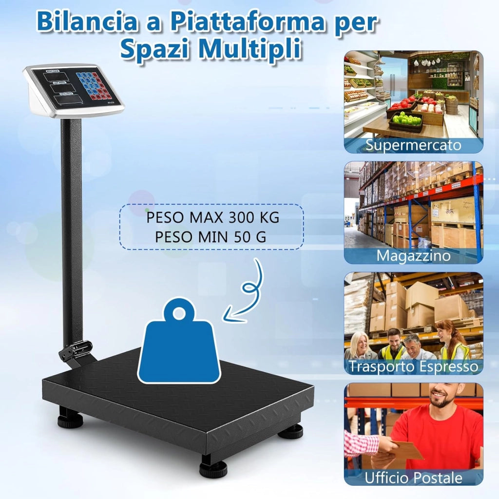 Bilancia Digitale a Piattaforma 300 kg, Bilancia a Pavimento con Calcolatrice Integrata, Conversione Unità LB/KG, per Negozio Azienda Fabbrica