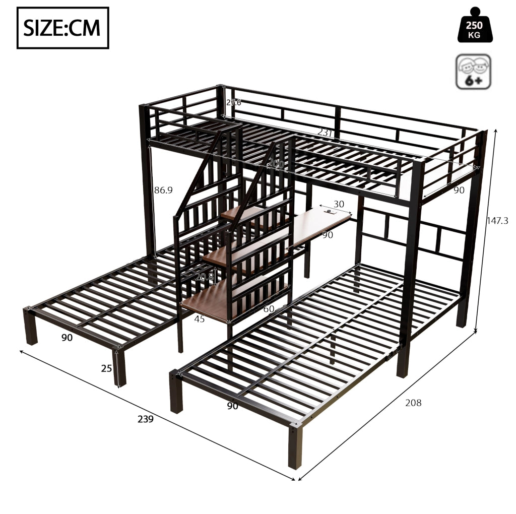 Letto a castello 90x200 cm in metallo e MDF con LED; scrivania; USB e vano contenitore; nero