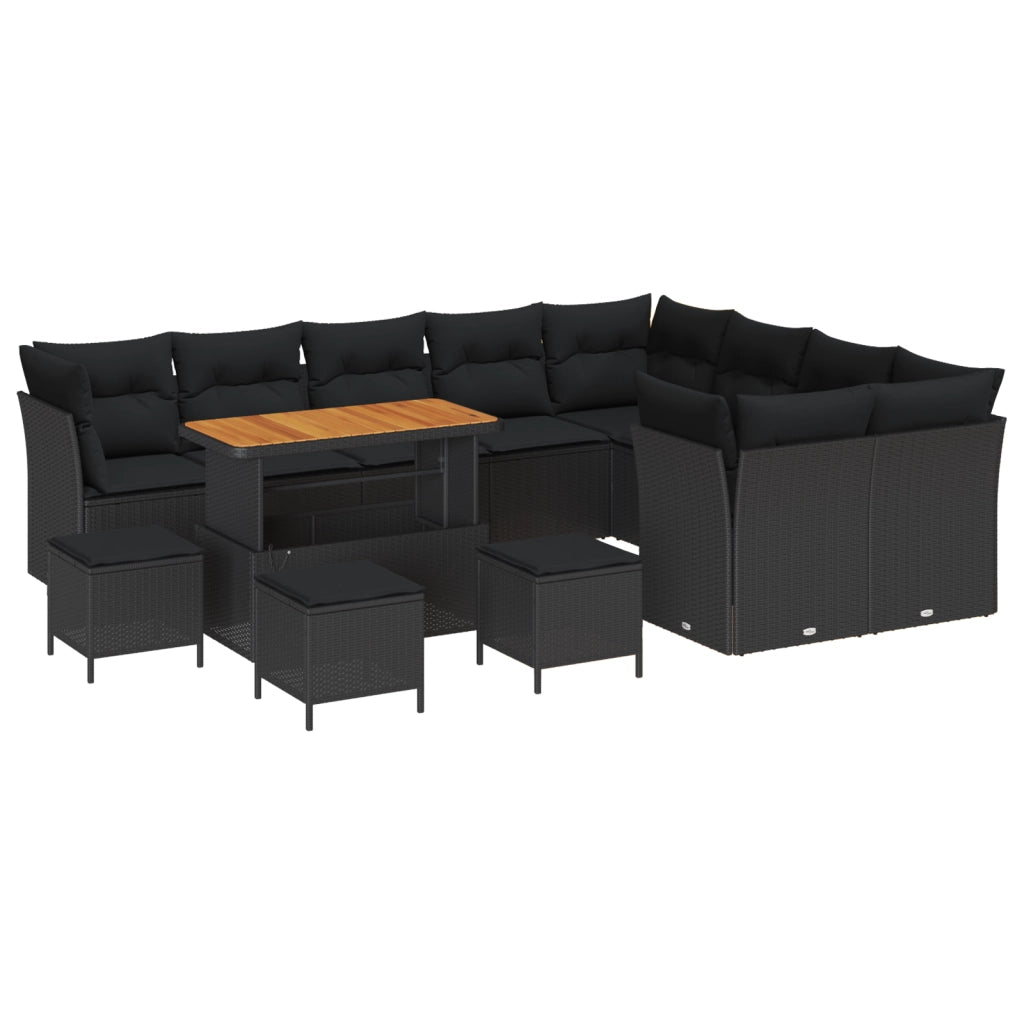 Set Divano da Giardino in 13 Pezzi con Cuscini Rattan Nero Polyrattan Acacia