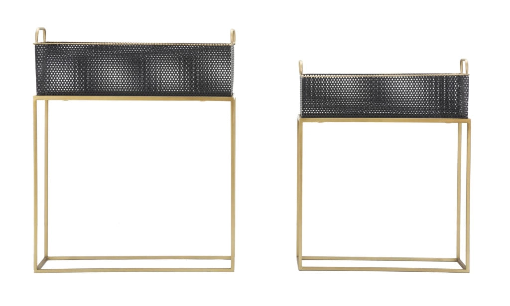 Porta Vasi Fashion Rettangolare Coppia 60x23x73,5-51x20x64 cm in Ferro Nero e Oro