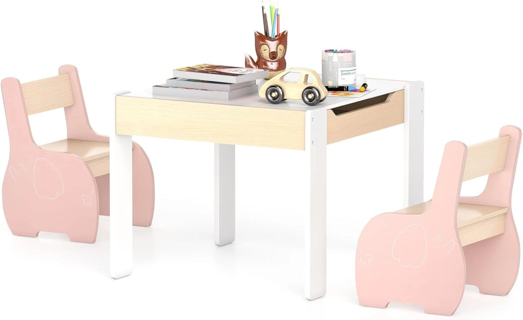 3 in 1 Set Tavolo e Sedie per Bambini, Tavolo da Attività per Bambini con 2 Sedie, Lavagna Rimovibile e Deposito, per Giocare, Disegnare e Leggere, in Legno (Rosa)