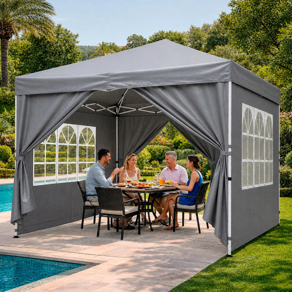 Gazebo Pieghevole Da Giardino Con Pareti Laterali E Finestre Trasparenti Sistema Pop Up Copertura Impermeabile UV50+ Telaio In Acciaio Per Eventi Outdoor 3 x 3 x 2.59 M Grigio
