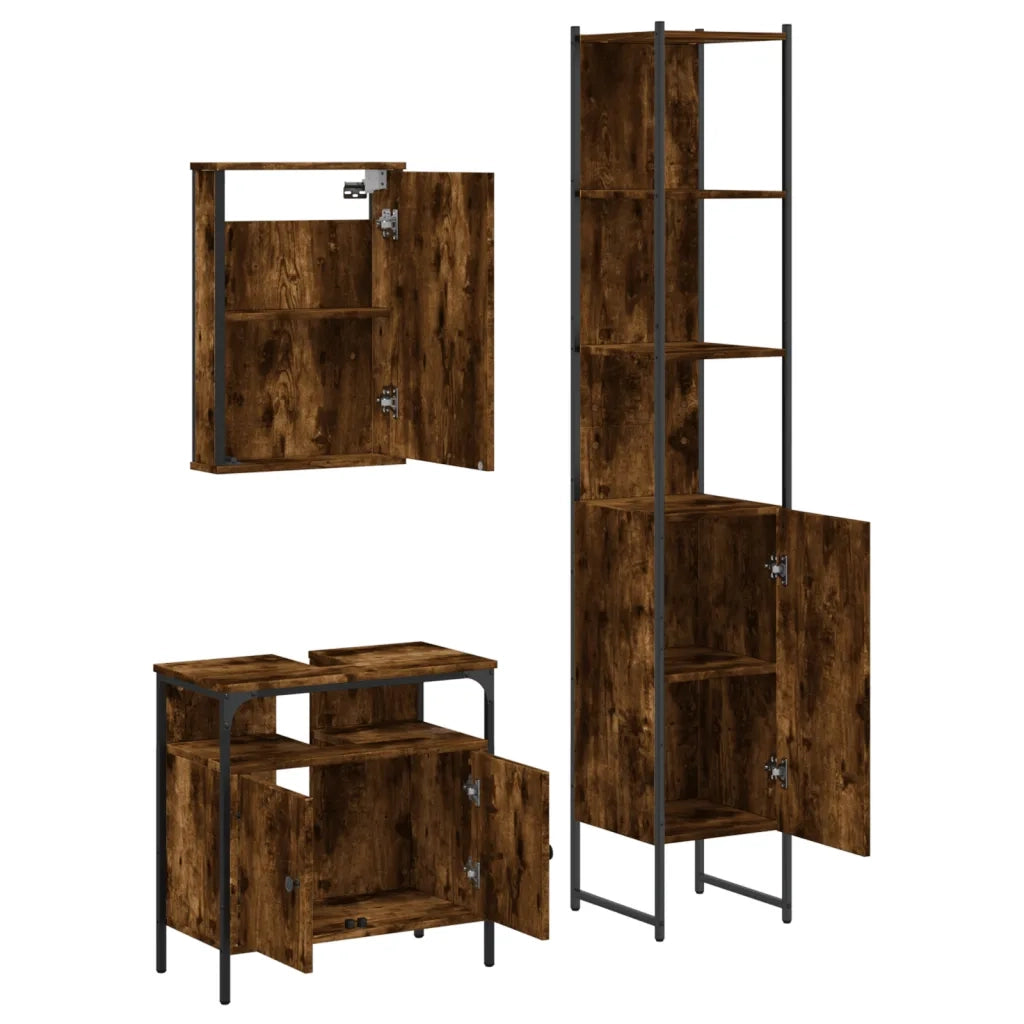Set Mobili da Bagno | Armadio da bagno 3 pz Rovere Fumo in Legno Multistrato