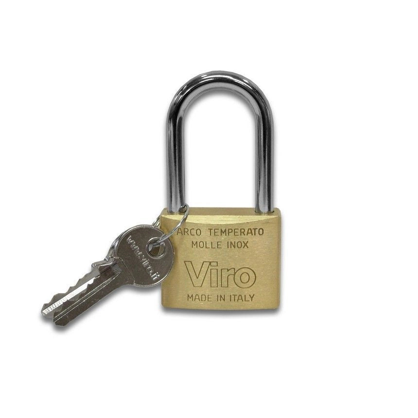 Viro 313 Lucchetto Rettangolare in Ottone Satinato Arco Lungo Antitaglio 50mm Arco 90mm Ø 8mm 2 Chiavi