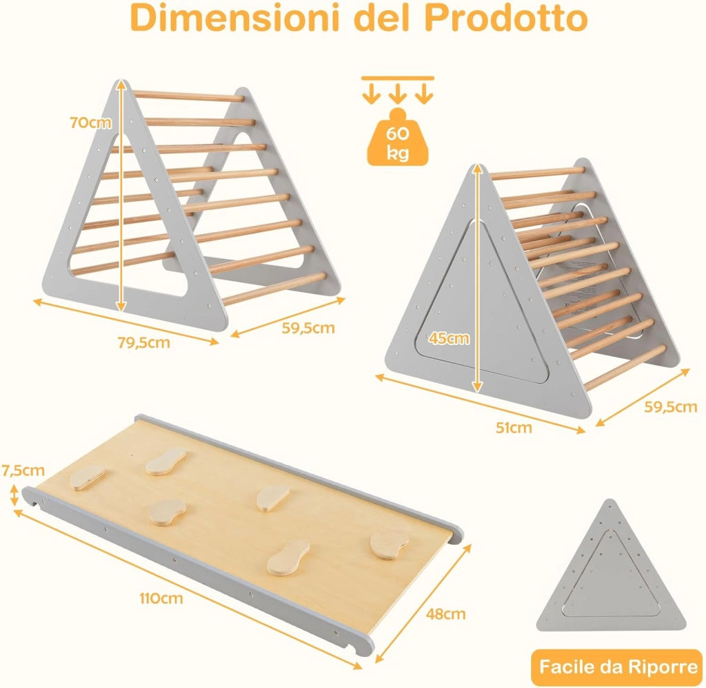 Set da Arrampicata 3 in 1 per Bambini, 3 Pezzi con 2 Scale Triangolari e 1 Rampa, Scala Giochi Arrampicata per Bambini 3+ Anni (Grigio)
