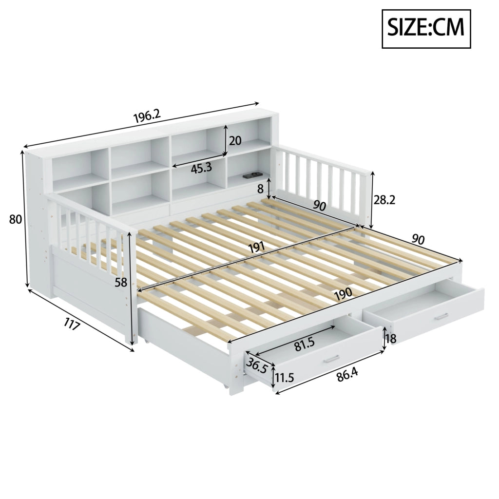 Divano letto estraibile in legno con contenitore, 2 cassetti e presa integrata