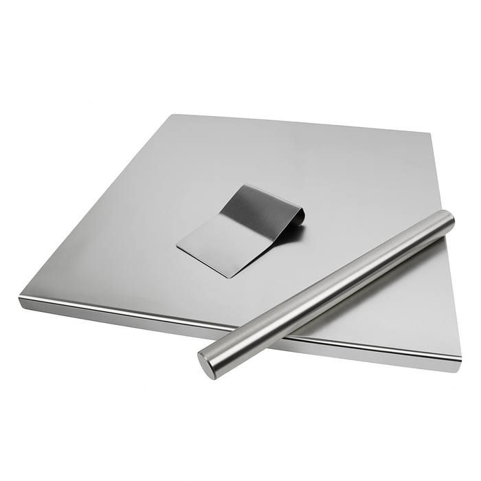 ZOIMANIA - Tagliere Spianatoia con Tarocco e Mattarello - Inox - Profondità 50 Dimensione Tagliere: L 80 x P 50 x 3