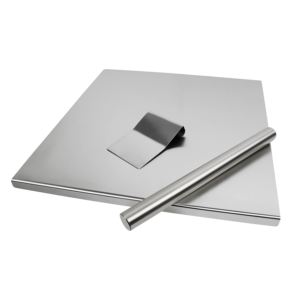 ZOIMANIA - Tagliere Spianatoia con Tarocco e Mattarello - Inox - Profondità 50 Dimensione Tagliere: L 90 x P 50 x 3