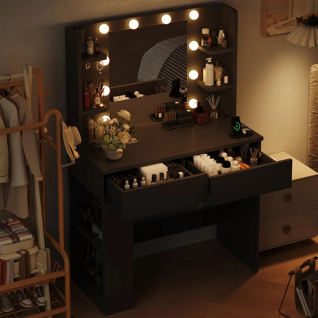 Tavolo da Trucco con Luci e Specchio, 55 x 45 cm, Comodino Moderno con Presa e Porte USB, 2 Cassetti e Scatola Laterale Regolabile, Mobile per il Make-up da Camera (Nero)