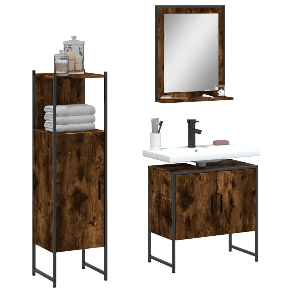 Set Mobili da Bagno | Armadio da bagno 3 pz Rovere Fumo in Legno Multistrato