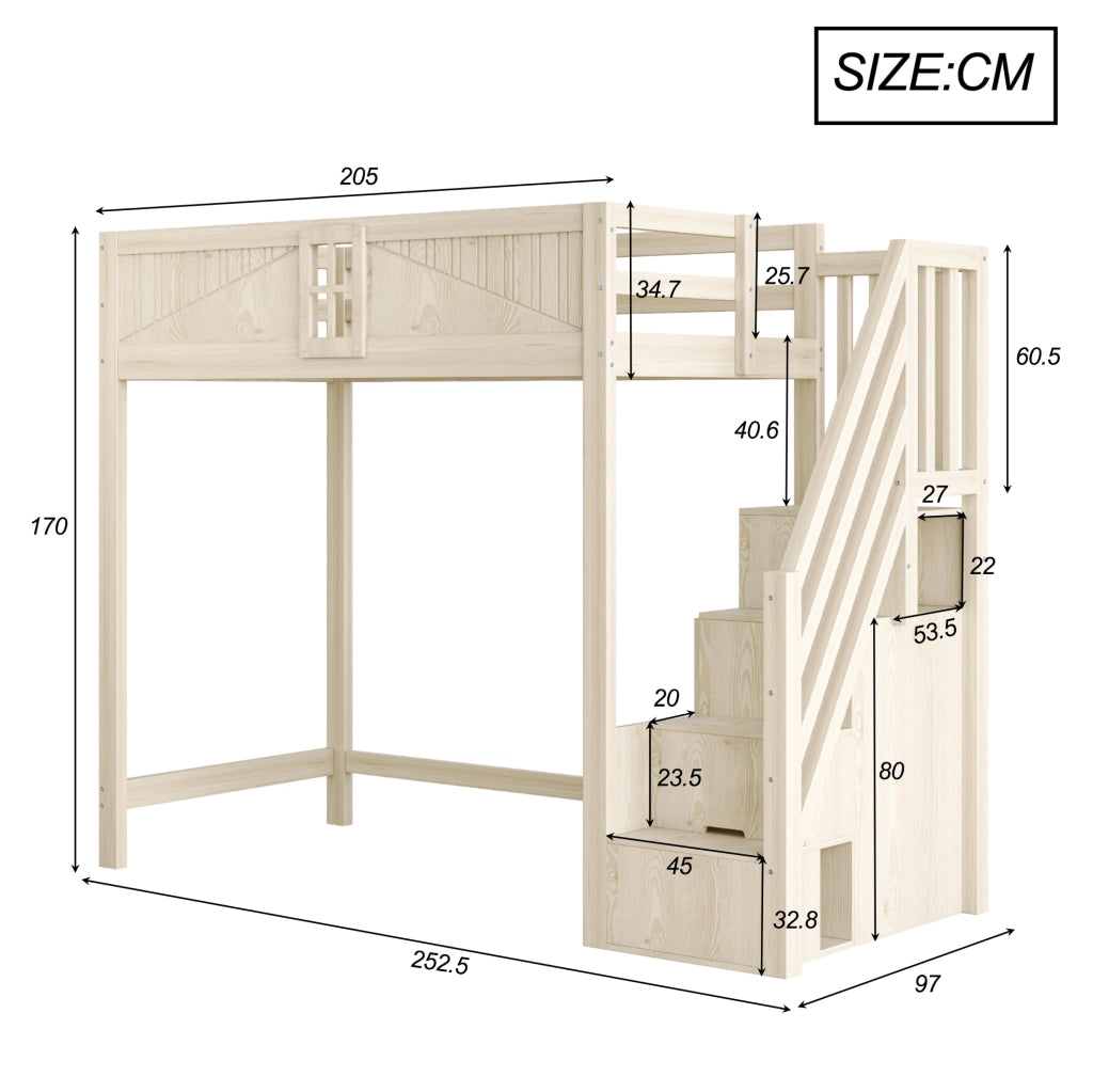 Letto a soppalco 90x200 cm in legno naturale con scala reversibile e vani contenitore