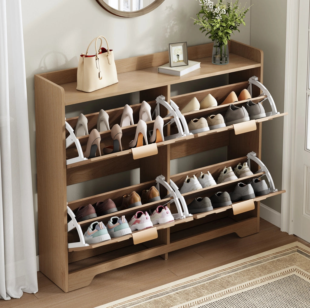 Scarpiera 105x24x90 cm naturale in MDF; 4 vani a ribalta