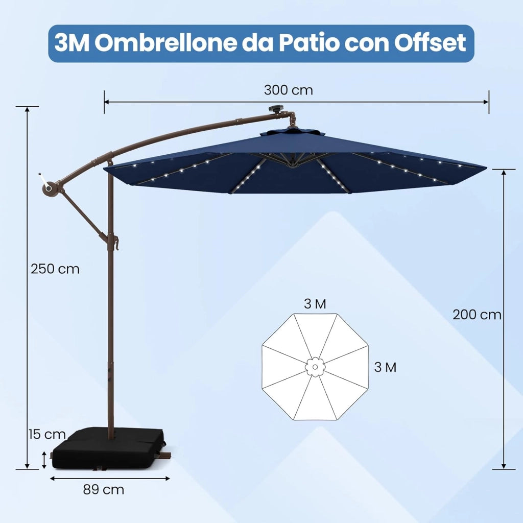 Ombrellone da Giardino con 40 Luci a LED, con Sacco di Sabbia, Ombrellone da Esterno 300 cm con Altezza Regolabile, Ombrellone per Giardino Piscina Patio, 300 x 300 x 250 cm (Blu)