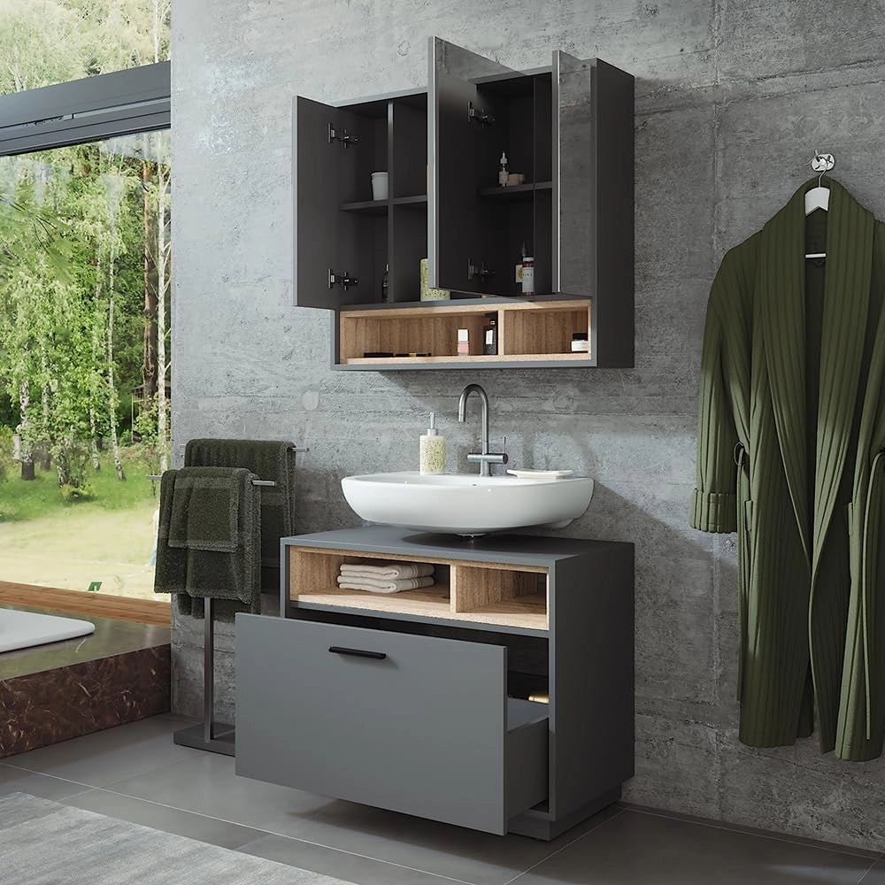 Set di mobili da bagno Beatrice, Antracite/Sonoma, 80 cm, composto da specchio da bagno e mobile sottolavabo