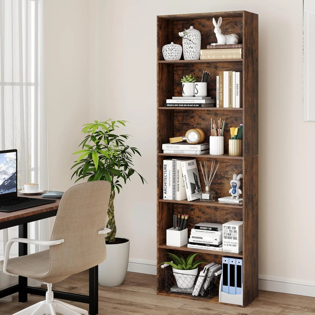 Libreria a 6 Livelli, Mobile Contenitore Aperto con 2 Kit Anti-Ribaltamento, Piedini Antiscivolo, Scaffale Moderno per Soggiorno, Camera da Letto e Ufficio, 660 x 23,5 x 178 cm (Marrone)
