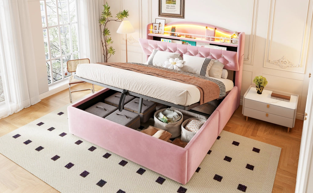 Letto imbottito matrimoniale 140 × 200 cm con contenitore idraulico, USB, USB-C et LED, senza materasso, rosa