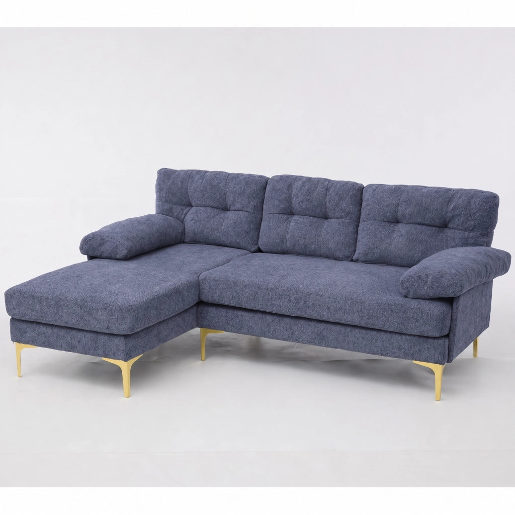 Divano angolare 3 posti convertibile con chaise longue reversibile e braccioli imbottiti in tessuto ciniglia blu 187.5 × 130 × 79 cm