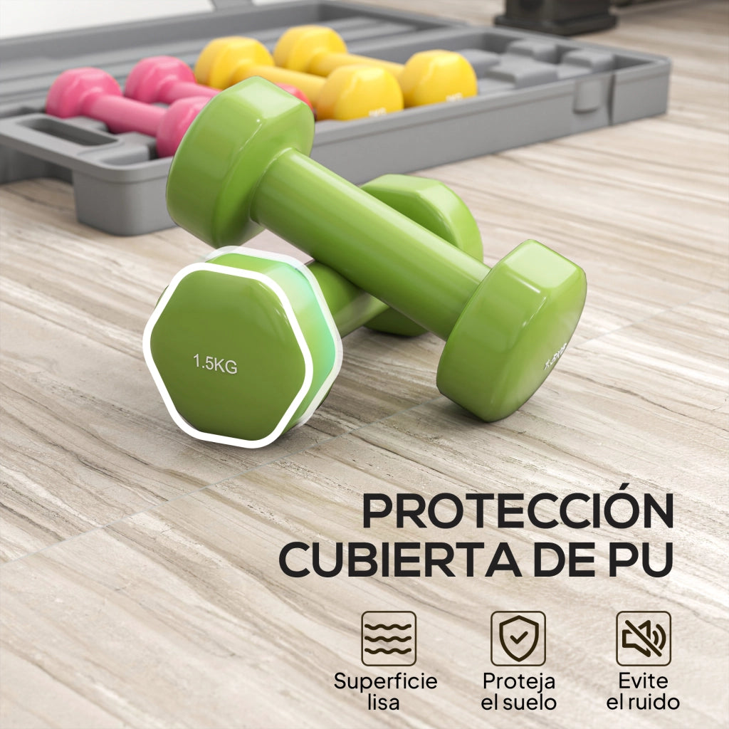 Set 6 Manubri Esagonali ¨C Xylo ¨C 0,5kg 1kg 1,5kg Neoprene con Valigetta Multicolore