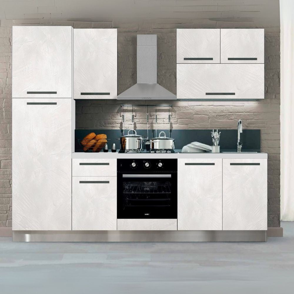 Cucina bloccata Molly con cassa bianca e base e pensili spatolato 255x216H cm elettrodomestici inclusi