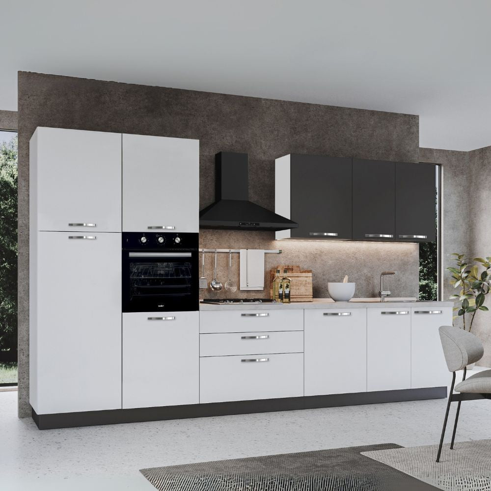 Cucina reversibile Iris 360 cm con cassa bianca base e colonne bianco lucido e e pensili grafite
