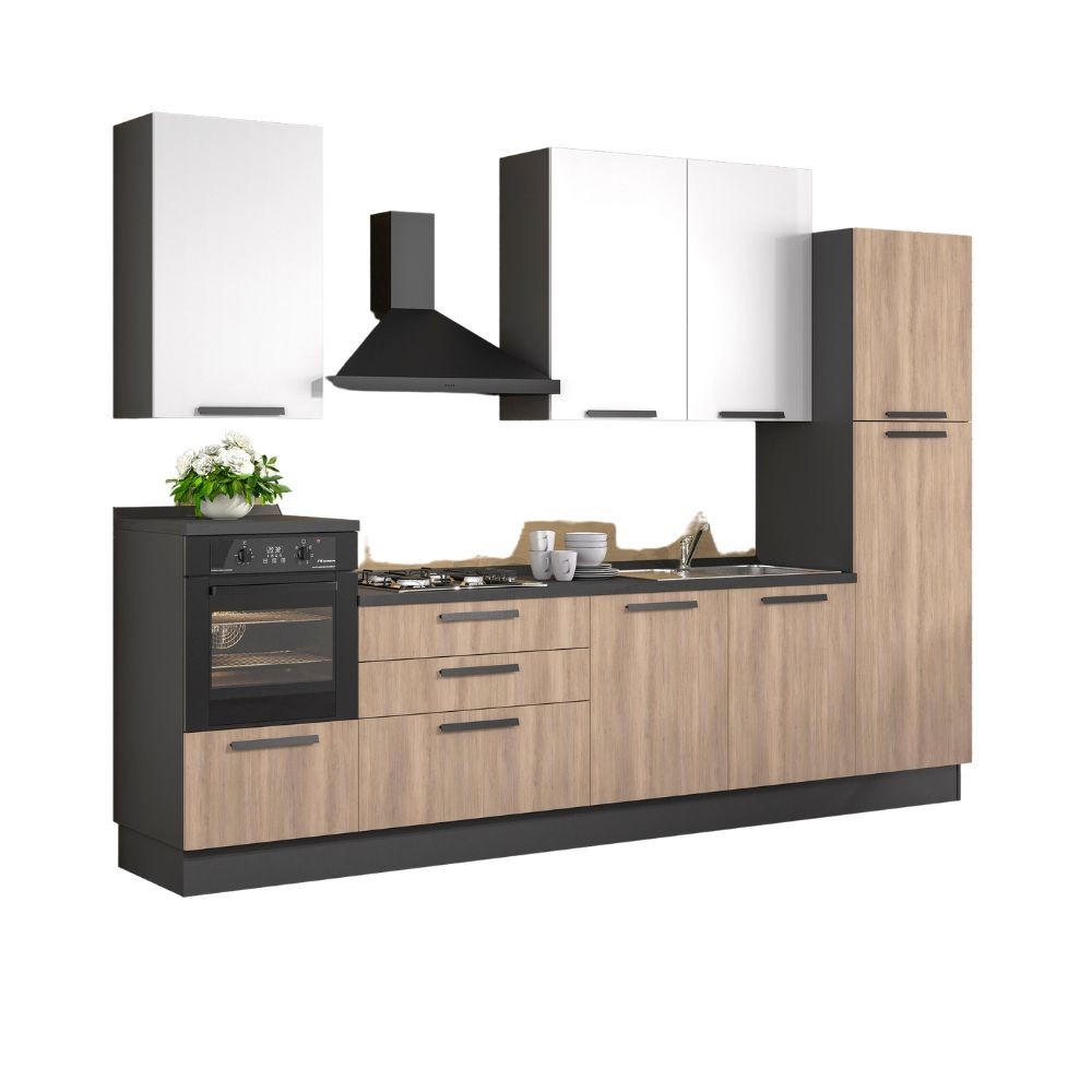 Cucina Sinki reversibile 330x216/240 H con cassa colore antracite basi gordon e pensili bianco con lavastoviglie