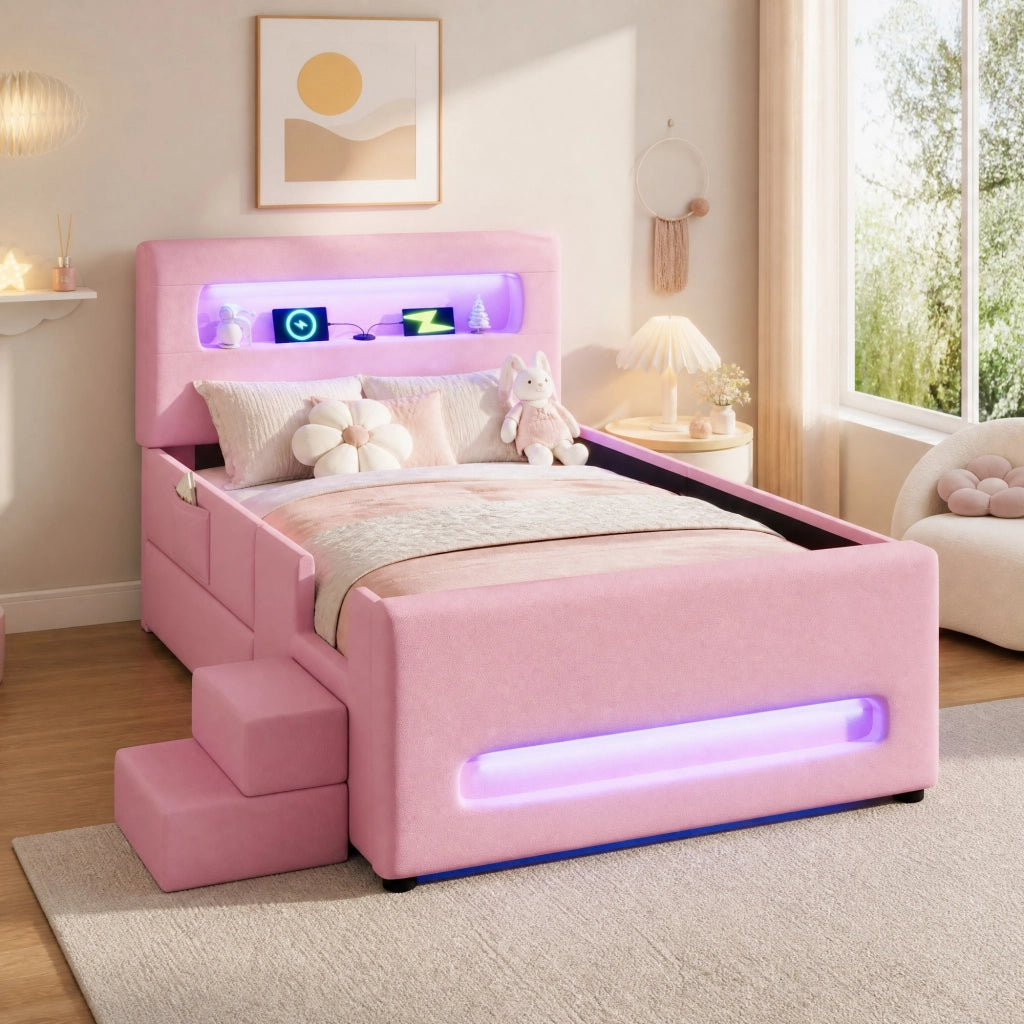 Letto piattaforma imbottito 90x200 cm rosa con cassetti, scala, luci LED e porte USB