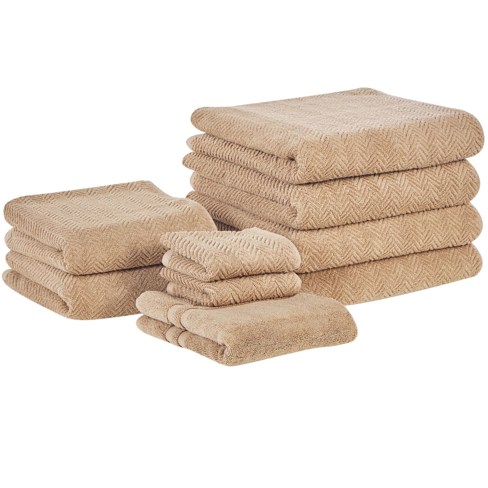 Set di 9 asciugamani in morbido cotone beige con motivo a spina di pesce stile varie dimensioni classico ospiti bagno