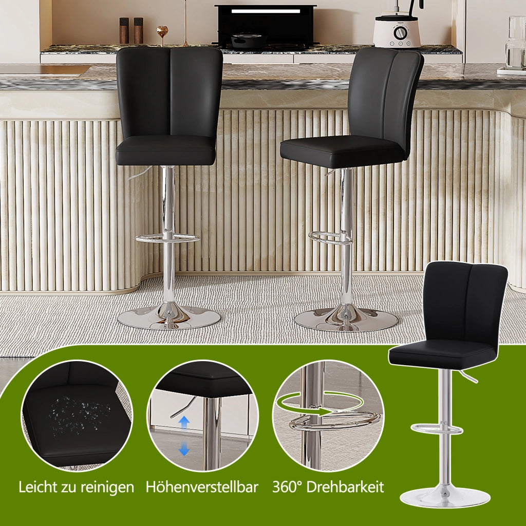 Sgabello da bar girevole set da 2 con altezza regolabile e poggiapiedi in PU con base metallica nero e argento