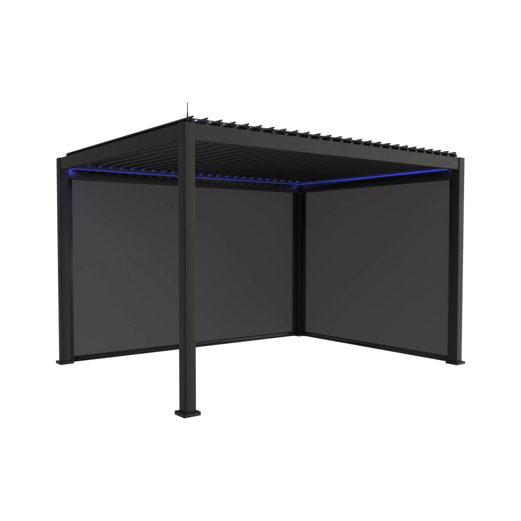 Pergola bioclimatica 3x4m in alluminio led + tenda 3m + tenda 4m,