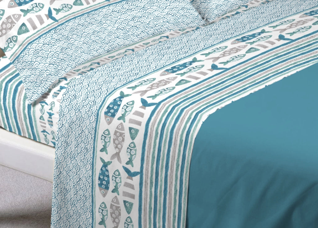 Completo Lenzuola Letto In 100% Cotone Made Italy Disegno Marino Pesci - Piazza E Mezza - Azzurro