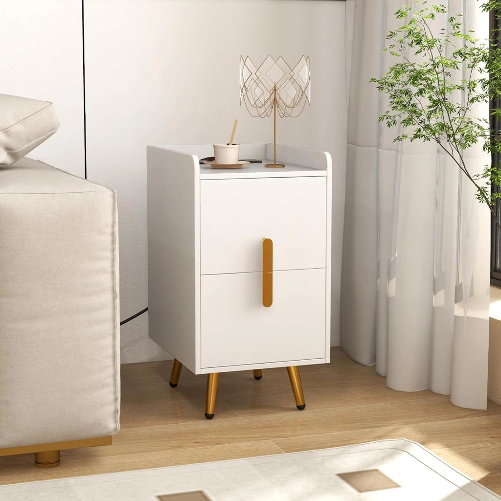 Comodino con stazione di ricarica, comodino con 2 porte USB e 3 uscite, tavolino laterale con 2 cassetti, tavolo per camera da letto, soggiorno, 32 x 40 x 60 cm (bianco)