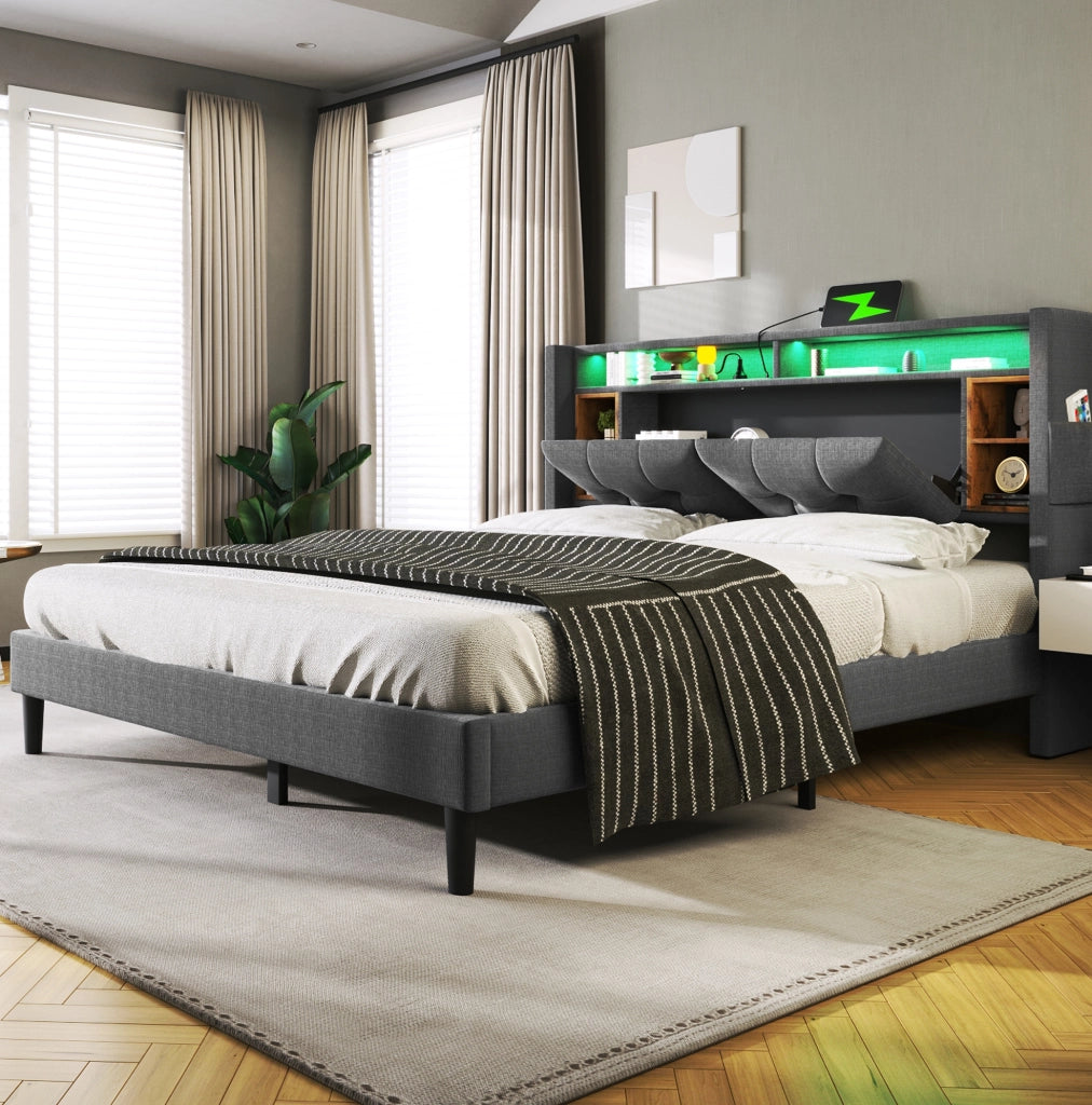 Letto imbottito con testiera contenitore, USB, prese e LED, 140x200 cm, grigio