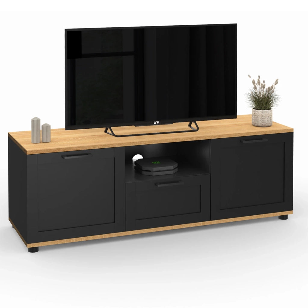 IDMarket - Mueble TV VITO con cajón y hornacina negros y tapa de madera de 110 cm