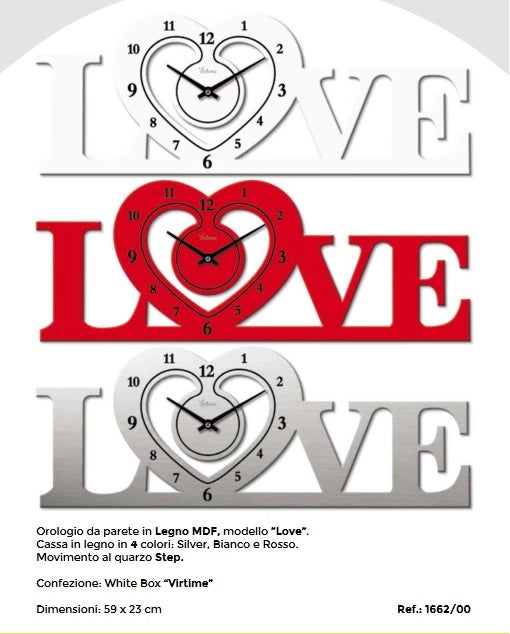 Orologio da Parete in legno scritta love 59 x 23 cm 3 Colori