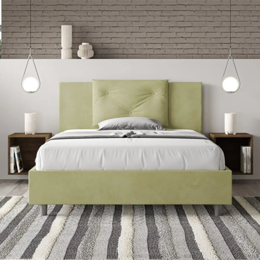 Letto matrimoniale francese contenitore imbottito 140x190 microfibra tè verde Appia