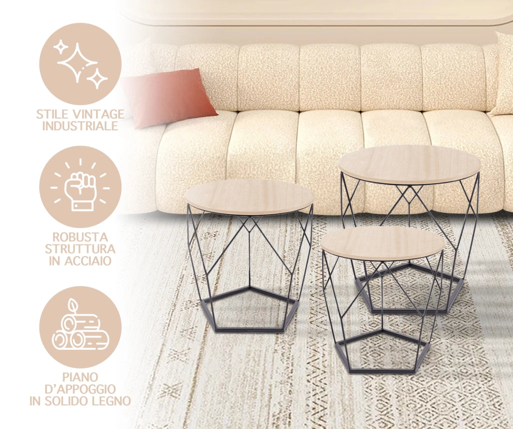 Set 3 Tavolini Da Salotto Sovrapponibili Rotondi Design Moderno Tavolino Da Caffè Estraibili Mobile Soggiorno Tavolo Divano Top In Legno Struttura In Acciaio Stile Industrial Vano Porta Oggetti  - Naturale - Modello 3