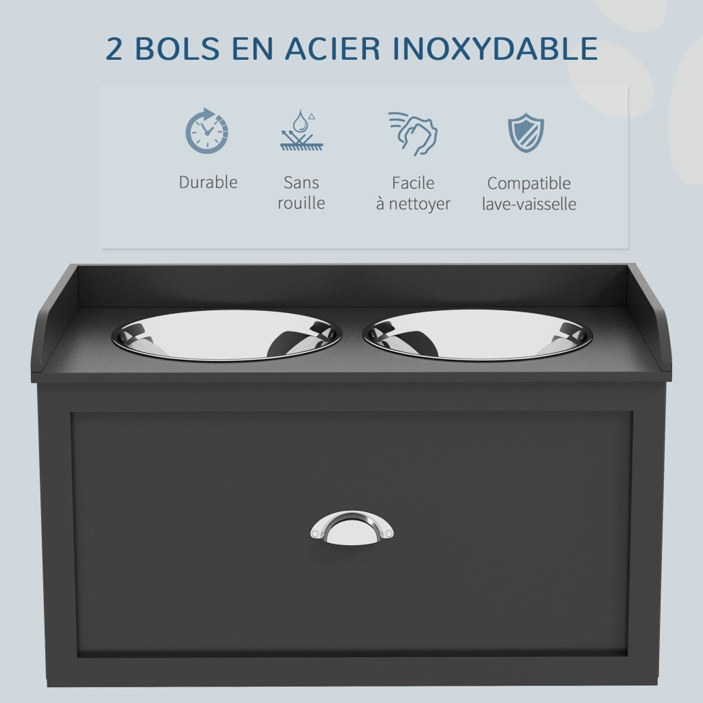 Porta Ciotole per Cani e Gatti con Cassetto ¨C Zephmum ¨C Acciaio Inox MDF Nero