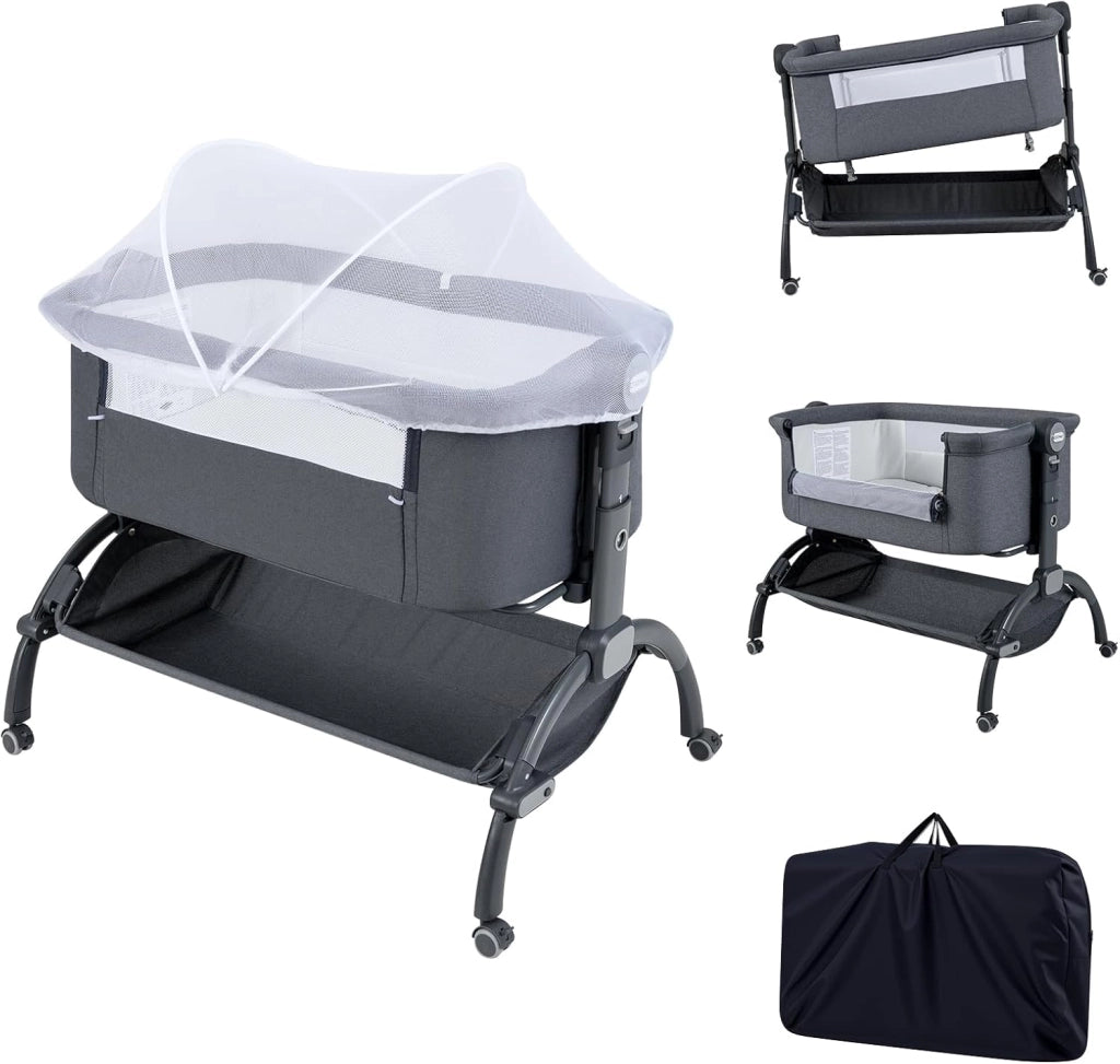 Culla Neonato, Culla Co-Sleeper Regolabile in Altezza a 7 Livelli, Ruote Bloccabili, Cesto Portaoggetti, Materasso e Baldacchino, Lettino Portatile e Pieghevole per Neonati 0-6 Mesi (Grigio)
