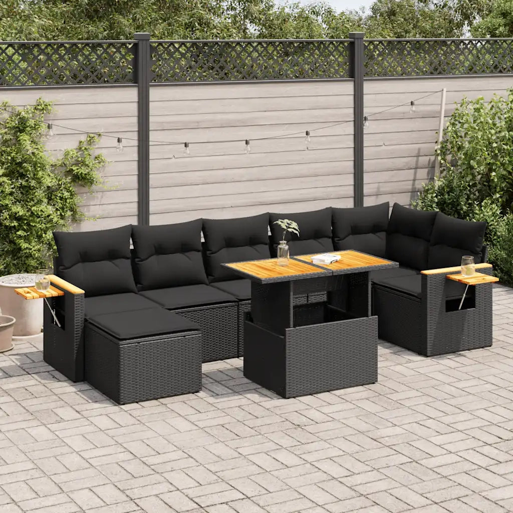 Set Divani da Giardino con Cuscini 8 pz Nero Polyrattan Acacia