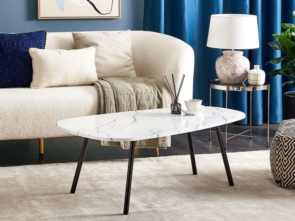 Tavolino moderno effetto marmo gambe in metallo bianco e nero 110 x 60 cm soggiorno