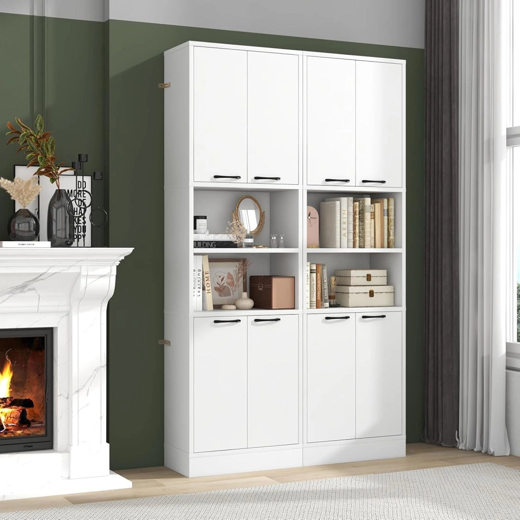 Credenza da Cucina Alta 190 cm con 4 Ante, 2 Scomparti Aperti e 6 Ripiani, 4 Kit Antiribaltamento, Armadio Portaoggetti per Cucina e Bagno