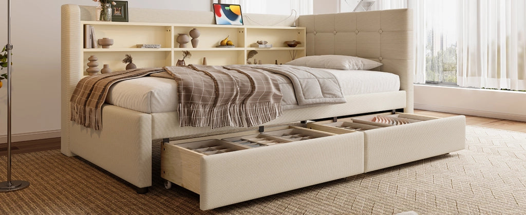 Letto singolo 90 ¡Á 200 cm con rete a doghe in lino beige due cassetti prese USB e Type C