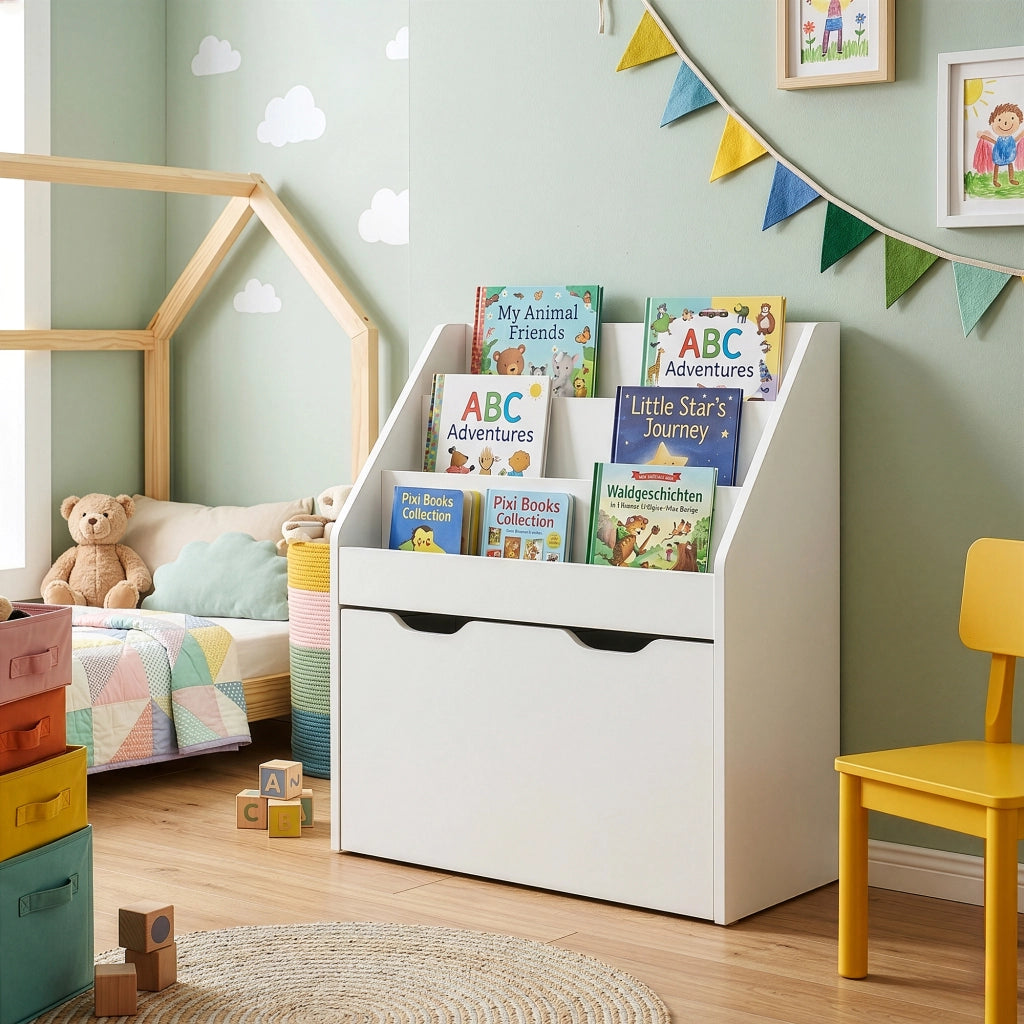 Libreria a Scaletta Sirlstalo per Cameretta Scaffale con 3 Scomparti e Cassetto a Rotelle 70 x 63 x 30 cm - Bianco [en.casa]