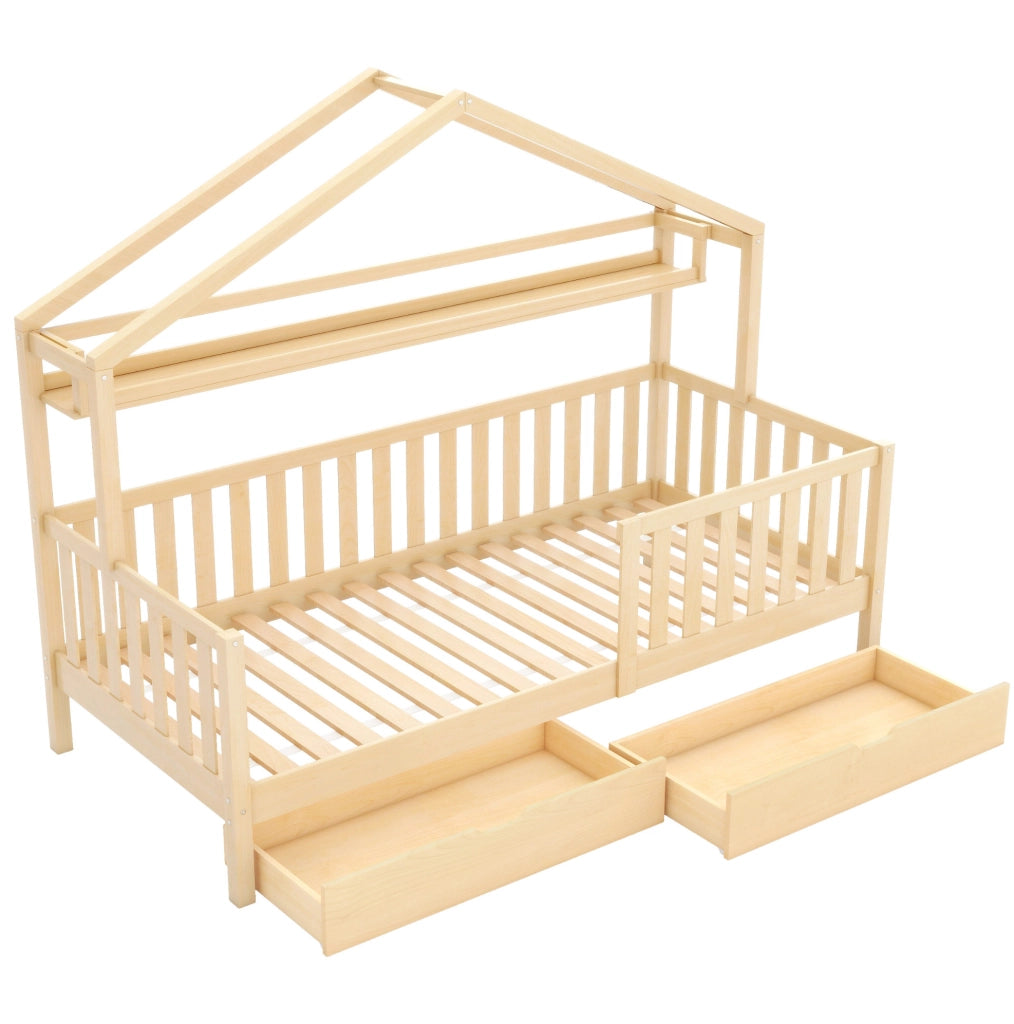 Lettino a casetta per bambini con 2 cassetti e scaffale; 90x200 cm; legno naturale