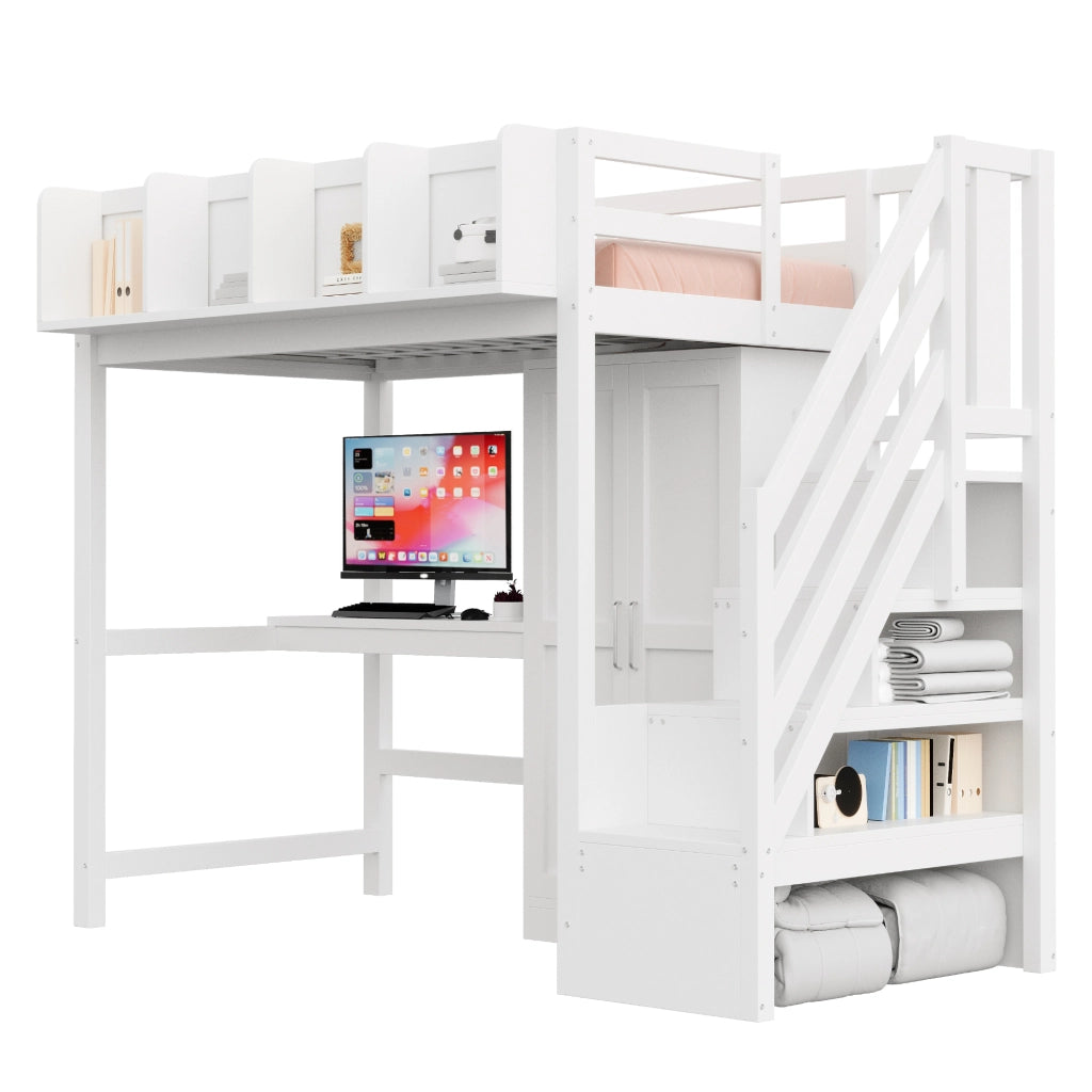LETTO a soppalco 90x200 cm Bianco in legno con scrivania, armadio, LED e prese